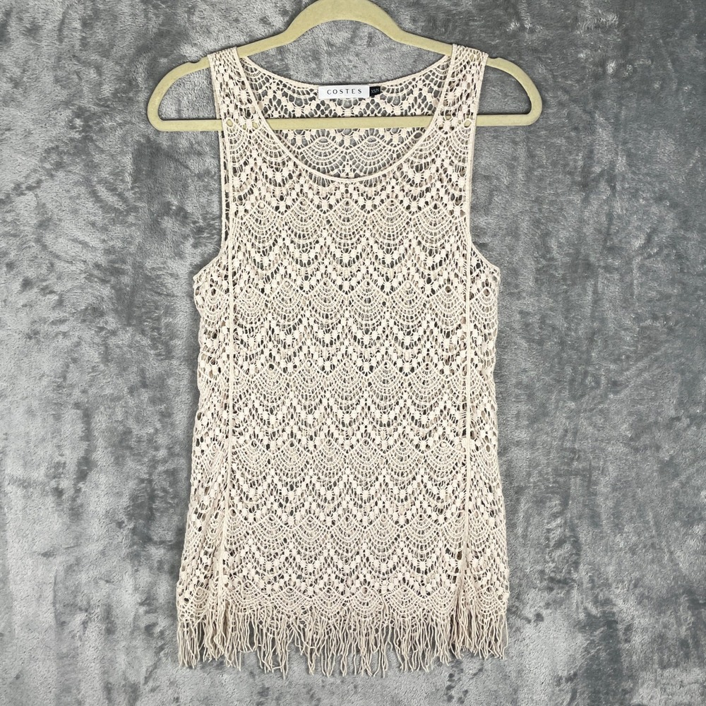 Costes Crochet Tank Top Women XS/S Cream Excellent Fringe‎ Boho Lace Sleeveless
